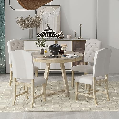 Merax Round Extendable Dining Room Table Set with Chairs for 4-6 Persons Solid Wood Round Kitchen Table and Chairs for Saving Space, Natural Merax