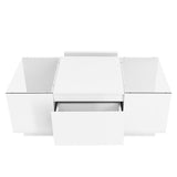 Led Coffee Table, Modern Center Table with High-Gloss Finish and Glass Tabletop, Coffee Table with Open Storage Compartment and 2 Hidden Drawers for Living Room, White RuiSiSi
