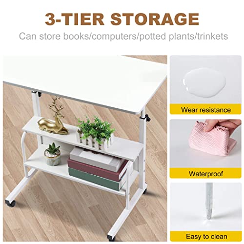 Adjustable Table Student Computer Portable Home Office Furniture Small Spaces Sofa Bedroom Bedside Desk Learn Play Game Desk on Wheels Movable with Storage Desk Size 31.5 * 15.7 Inch,White D