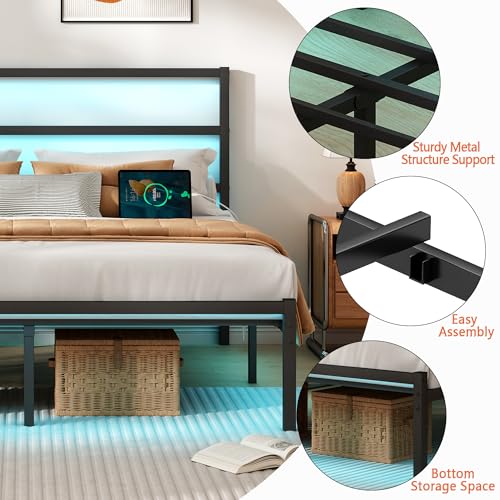 CLIBFENG Twin Bed Frame with Headboard,Heavy Duty Steel Slats Support-LED Bed Frame with USB Charging Station,Mattress Foundation-Under Bed Storage,No Box Spring Needed,Noise Free，Black CLIBFENG