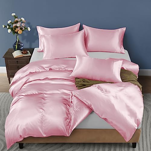 Horbaunal 5 Pieces Satin Duvet Cover Set Queen/Full Size Blush Pink Duvet Cover with Corner Ties & Zipper Closure, Luxury & Silky Bedding Set, 1 Duvet Cover and 4 Pillowcases (No Comforter) Horbaunal