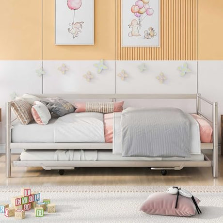 Nahenduo Twin Size Daybed with Pop up Trundle & Adjustable LED Lights, Futon Frame Bed, Metal Sofa Bed Frame for Living Room Bedroom Guest Room, Small Space, No Box Spring Needed (Sliver) Nahenduo