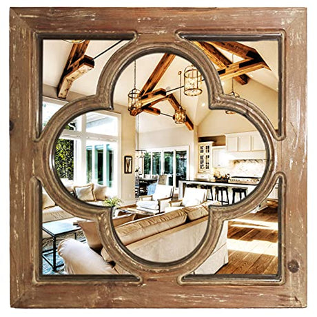 Wooden Décor Square Wall Mirror, 18in Farmhouse Wall Mirror Decorative, Window Panel Farmhouse Decor for Living Room/Bedroom, Entryway Decor, DQ DQ HOME DECOR
