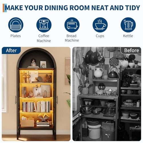 IDEALHOUSE 70" Arched Pantry Cabinet with LED Lights & Glass Doors, Modern MDF Freestanding Kitchen Storage Cabinet with Open Shelf, Cupboard for Dining Room, Living Room IDEALHOUSE