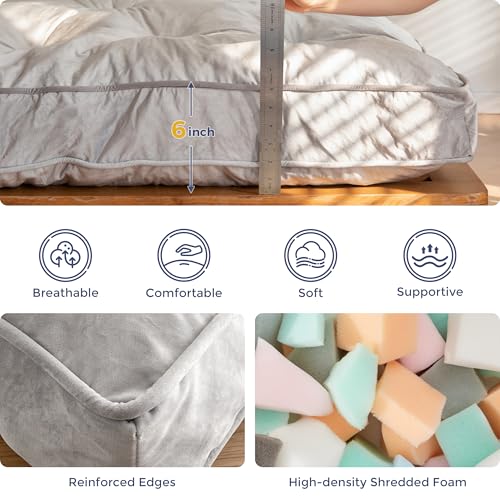 MAXYOYO 6" Futon Mattress Full Size, Velvet Thick Futons Sofa Couch Bed, Versatile Floor Mattress for Adults, Shredded Foam Filling (Frame Not Included), Grey MAXYOYO