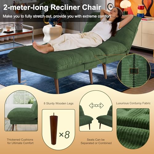 DreamDashio Futon Sofa Bed, 4 in 1 Multi-Functional Futon Couch with Adjustable Backrest, 75 inch Convertible Sleeper Sofa Bed and Recliner Lounge, Corduroy Loveseat for Living Room, Apartment, Green DreamDashio