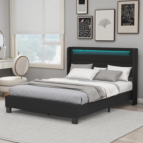 Queen Size Upholstered Bed Frame with LED Lights - alazyhome Black Platform Bed with Wooden Slats and Noise-Free Design - WoodArtSupply