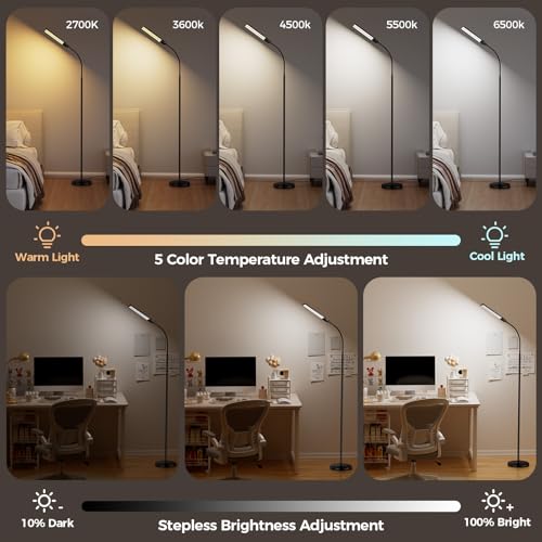 LED Floor Lamp for Living Room, Bright Reading Lamps for Office, Adjustable Colors Temperatures&Brightness, Dual Head Goose-Neck Standing Lamp, Remote and Button Control, Eye Caring Tall Lamp, Black VrimNowit