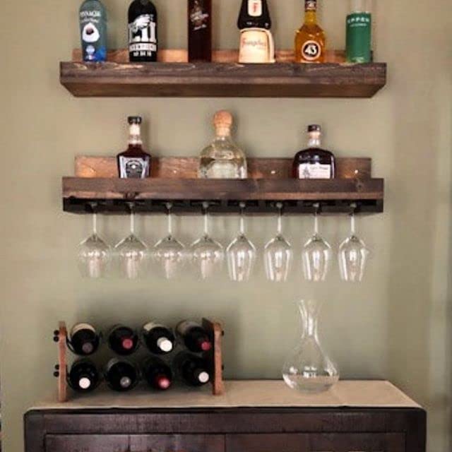 Wall Mounted Wood Wine Rack Shelf Set with Stemware Holders (RYAN) (30 inches) DistressedMeNot