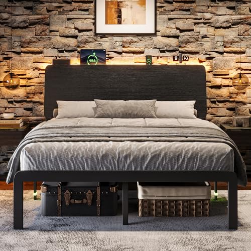 Einhomn Full Bed Frame with Ergonomic Wooden Storage Headboard, LED Bed Frame with Charging Station, 12" UnderBed Storage, Heavy-Duty Metal Base, No Box Spring Needed, Easy Assembly, Black Einhomn