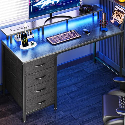 Huuger 47 Inch Computer Desk with Power Outlets and LED Lights, Gaming Desk with 4 Drawers, Office Desk with Monitor Stand, Study Desk Work Desk for Home Office, Small Spaces, Gray - WoodArtSupply