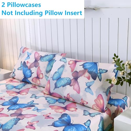 SDIII Colorful Butterfly Queen Fitted Sheet with 2 Pillowcases, Not Including Flat Sheet, Soft Microfiber Cute Fitted Sheets for Kids Boys Girls Teens SDIII