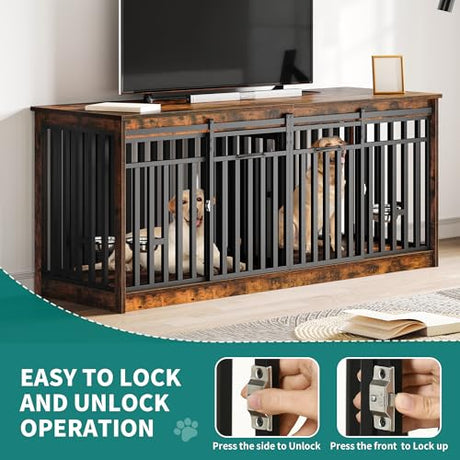 YITAHOME 71 Inch Double Dog Crate Furniture for 2 Dogs, Heavy Duty Wooden Dog Crate TV Stand with 4 Dog Bowls, Dog Kennel Indoor Furniture Sliding Barn Door Design for Extra Large Dogs, Rustic Brown YITAHOME