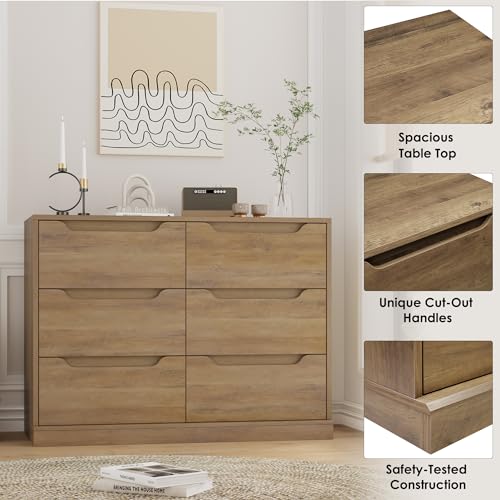 HOSTACK Modern 6 Drawer Dresser for Bedroom, Double Chest of Drawers with Storage, Large Wooden Storage Dresser Organizer with Cut-Out Handle, Accent Storage Cabinet for Living Room, Rustic Brown HOSTACK