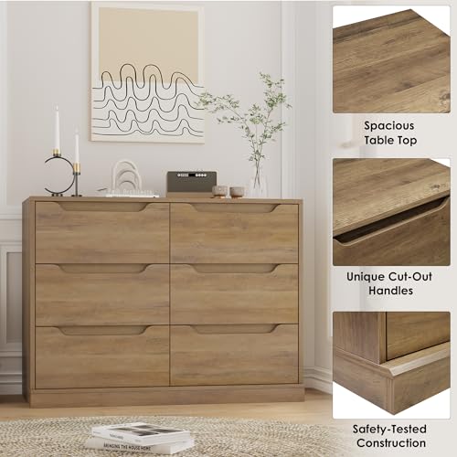 HOSTACK Modern 6 Drawer Dresser for Bedroom, Double Chest of Drawers with Storage, Large Wooden Storage Dresser Organizer with Cut-Out Handle, Accent Storage Cabinet for Living Room, Rustic B - WoodArtSupply