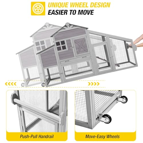 Chicken Coop 65in Mobile Hen House Outdoor Wooden Poultry Cage with Wheels, Nesting Box, Leakproof Pull-on Tray and UV-Resistant Roof Panel Aivituvin