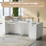 63" L-Shaped Front Desk with Built-in Outlets, Modern Reception Desk with LED Lights & Counter, White Checkout Counter with Lockable Drawers and Storage Shelves for Office, Salon, Retail and Lobby