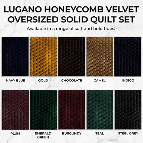 Tribeca Living Lugano Oversized Velvet Quilt Set - All Season, Extra Large, 3 Piece Queen Size Comforter Set with 2 Pillow Shams in Emerald Green Honeycomb Pattern 260GSM Tribeca Living