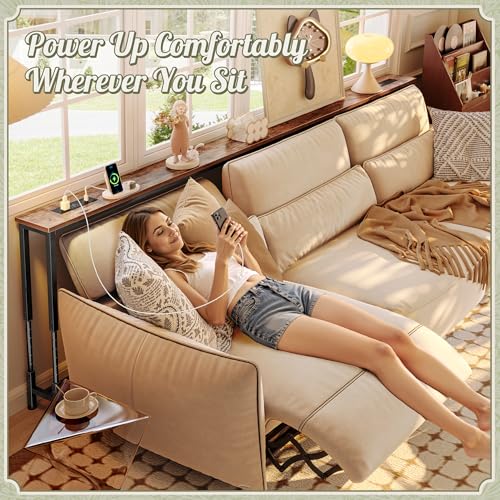 Huuger 102.4 Inch Sofa Table with Power Outlets, 23.9’’-34.4’’ Height Adjustable Range, Behind Couch Table with USB-C Ports, Sofa Tables Narrow Long, Skinny Console Table, Small Spaces, Rustic Brown Huuger