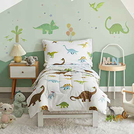 4 Pieces Toddler Bedding Set Dinosaur with Colorful Dinos and Monsters Toddler Comforter Sheet Set for Autumu and Winter Includes Comforter, Flat Sheet, Fitted Sheet and Pillowcase White UOZZI BEDDING