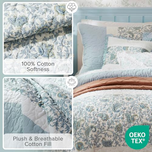 Madison Park 100% Cotton Quilt Set Floral Print, Double Sided Stitching, All Season, Lightweight Coverlet Shabby Chic Bedding Layer, Matching Shams, Full/Queen, Light Teal 6 Piece,Aqua Madison Park