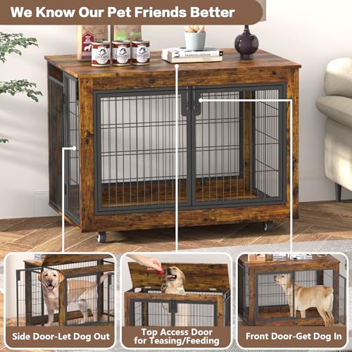 EasyCom Large Dog Crate Furniture, 41.33" Extra Large Dog Kennel Indoor with Top-Access Teasing/Feeding Door, Spacious Dog Crates for Large Dogs, Furniture-Style Dog Cage with Wheels Dog Crate Table EasyCom