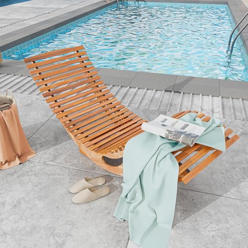 HAPPYGRILL Outdoor Acacia Wood Chaise Lounge, Rocking Chair with High Back, Slatted Seat, Stopper, Outside Wood Rocker, 350 Lbs Capacity Sun Lounger