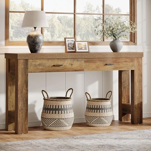 Tribesigns 63" Console Table, Farmhouse Entryway Table with 2 Drawers and H-Shaped Sturdy Legs for Hallway, Living Room, MDF, Light Brown Tribesigns