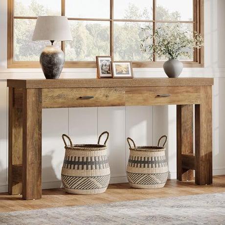 Tribesigns 63" Console Table, Farmhouse Entryway Table with 2 Drawers and H-Shaped Sturdy Legs for Hallway, Living Room, MDF, Light Brown Tribesigns