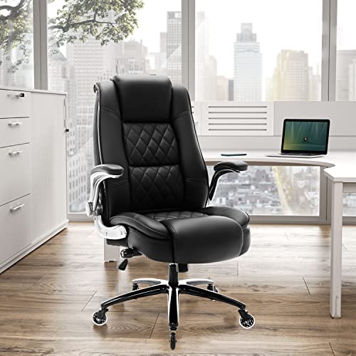 High Back Office Chair- Flip Arms Adjustable Built-in Lumbar Support, Executive Computer Desk Chair Work Chairs, Thick Padded Strong Metal Base Quiet Wheels, Ergonomic Design for Back Pain EZAKI
