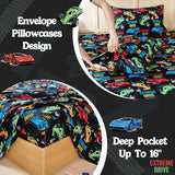 MCO Twin Sheets Set Kids, Soft Microfiber Bed Sheet Set for Boy Girls, 3 Pieces Breathable Twin Sheets Race car Black MCO