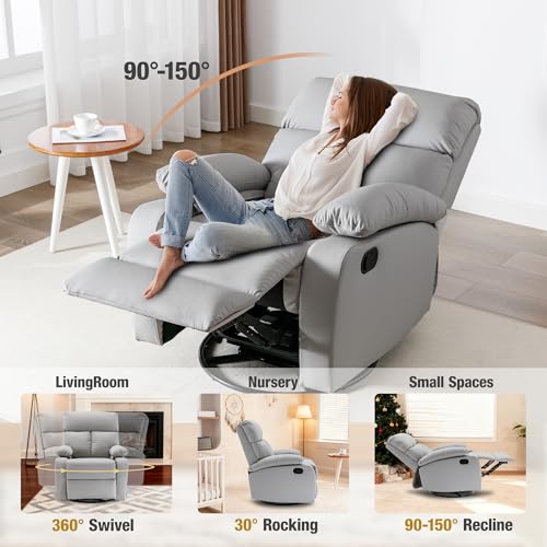 GNMLP2020 Swivel Rocker Recliner, Rocking Recliner Chair, Small Rocker Recliners for Small Spaces, Living Room, Bedroom, Nursery, RV, Light Grey