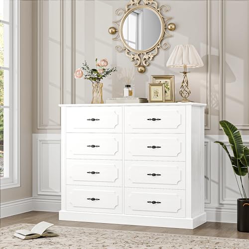 finetones White Dresser Chest of Drawers, Wood Dresser 8 Drawer with Steel Handles, Modern Dresser Drawers Floor Storage Cabinet for Living Room Hallway Office finetones