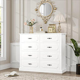 finetones White Dresser Chest of Drawers, Wood Dresser 8 Drawer with Steel Handles, Modern Dresser Drawers Floor Storage Cabinet for Living Room Hallway Office finetones