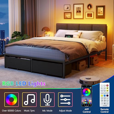 Furnulem Queen Bed Frame with Adjustable Headboard, Upholstered Bed with 2 Storage Drawers, Built-in USB Charging Station & LED Lights, Platform Bedframe with Metal Slats, No Spring Box Needed, Grey Furnulem