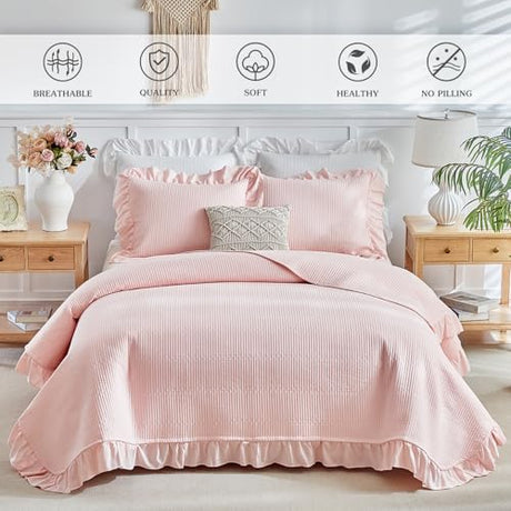Flysheep Pink Ruffle Quilt Set Twin Size, 2 Pieces Shabby Chic Farmhouse Striped Bedspread Coverlet Set, Solid Lightweight Soft Microfiber Bed Cover for Kids (1 Ruffled Quilt + 1 Pillow Sham) Flysheep