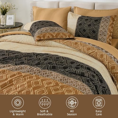 Dinjoy Boho Queen Comforter Set Brown,7 Piece Bed in a Bag Queen Size Warm Fall Bedding Sets Striped Comforters Bed Set with Sheets for Family All Season Dinjoy