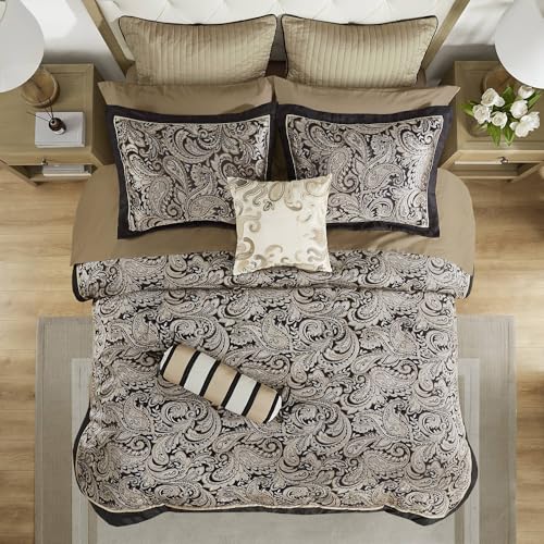 Madison Park Aubrey Cozy Comforter Set, Faux Silk Jacquard Paisley Design - All Season Down Alternative Bedding with Cotton Bed Sheets, Bed Skirt & Toss Pillows, King Black 12 Piece Madison Park