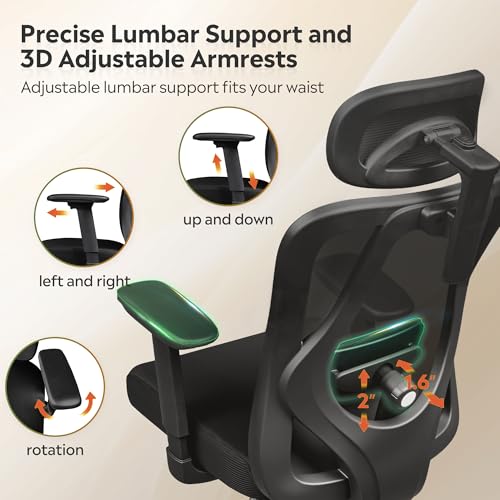 DEVAISE Ergonomic Mesh Office Chair with Adjustable 3D Headrest and Tilt Function, Big and Tall Reclining Comfy Home Computer Desk Chair with Lumbar Support and 3D Armrests, Black DEVAISE