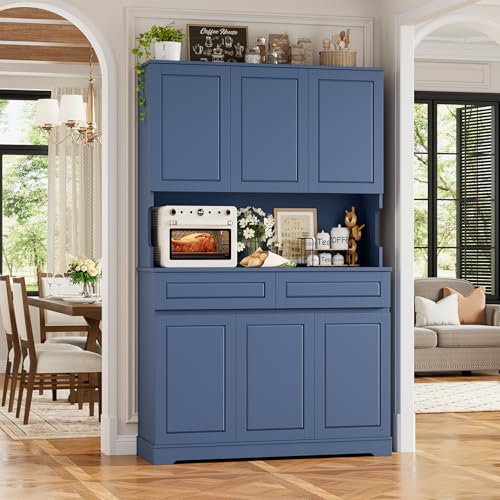 FACBOTALL 74" Pantry Cabinet, Tall Kitchen Pantry Cabinet with 6 Doors and 2 Drawers, Kitchen Hutch with Wide Countertop, Modern Kitchens Cupboard with Adjustable Shelves and Charge Holes, Blue FACBOTALL