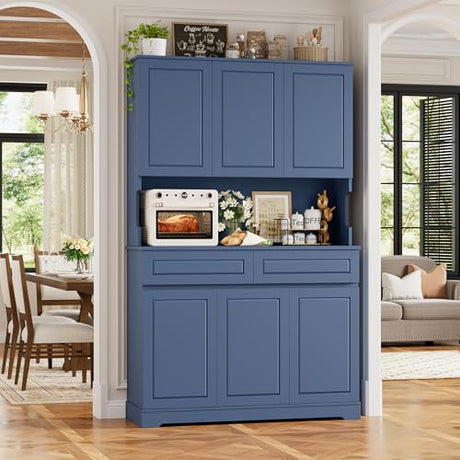 FACBOTALL 74" Pantry Cabinet, Tall Kitchen Pantry Cabinet with 6 Doors and 2 Drawers, Kitchen Hutch with Wide Countertop, Modern Kitchens Cupboard with Adjustable Shelves and Charge Holes, Blue FACBOTALL
