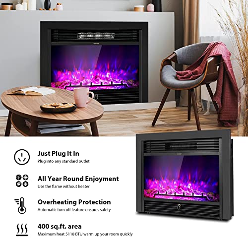 LDAILY 28" Electric Fireplace, Wall Mounted/Recessed, 3-Color Flame, 5 Brightness, 8H Timer & Remote Control, 750/1500W Freestanding Fireplace Insert Heater, Black (28.5 inches) LDAILY