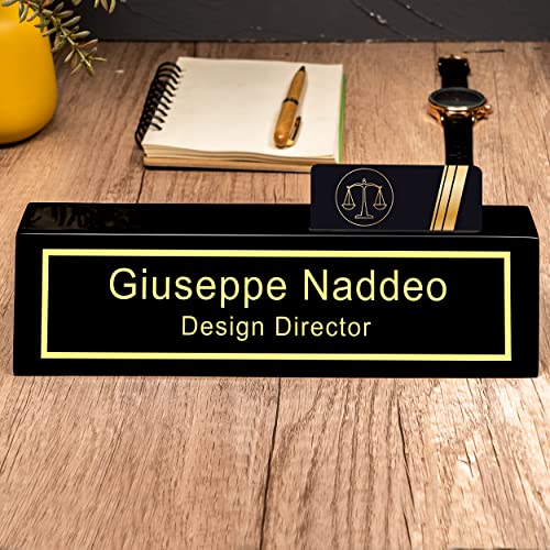 Personalized Engraved Business Desk Name Plate with Card Holder, Desk Name Plate, Customized Executive Black Wood Desk Name, Custom Name Sign Gifts - WoodArtSupply