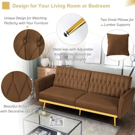 ACMEASE 70” Velvet Futon Sofa Bed with 2 Pillows and Adjustable Armrests, Convertible Sleeper Bed W/Adjustable Backrests, Modern Loveseat for Living Room, Bedroom, Brown ACMEASE