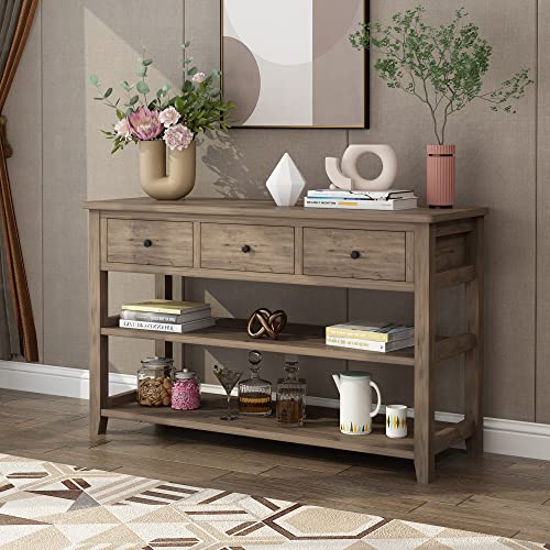 Karl home Console Table Entryway Desk, Sofa Side Table with 3 Drawers 2 Bottom Storage Shelves, Vintage TV Stand for Hallway Living Room Office, Wash Grey 29.9" H Karl home