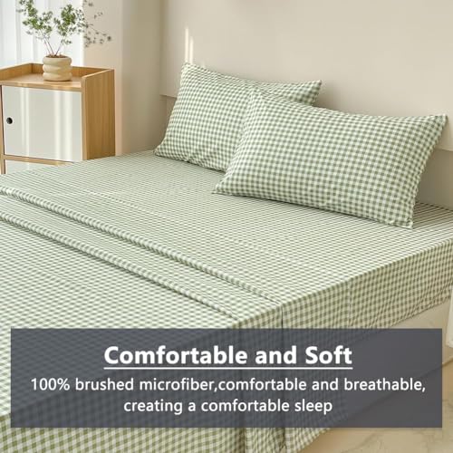 NSNLGSGC Sage Green Gingham Full Sheet Set, Soft Brushed Microfiber Plaid Full Bed Sheets, 4-Pieces Grid Sheet Set with Deep Pocket NSNLGSGC