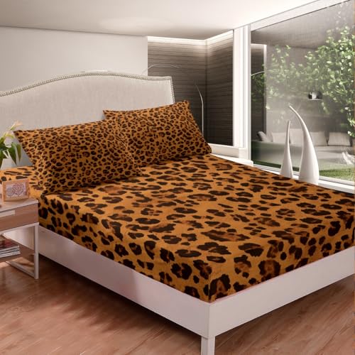 Feelyou Leopard Sheet Set King Cheetah Sheets with Deep Pocket Fitted Sheet for Boys Girls Teens Animal Print Bed Sheets Set Breathable Safari Bedding Set Room Decor Dark Orange Bed Set Feelyou