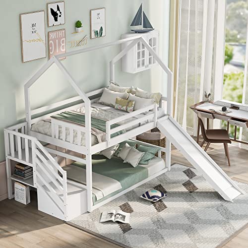 Twin Over Twin House Bunk Bed Frames with Slide and Storage Staircase, No Box Spring Needed, White Merax