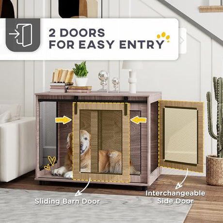 PawHut 39" Dog Crate Furniture, Dog Kennel Furniture End Table with Sliding Barn Door, Pet Cage Table for Large Breeds, Walnut Brown PawHut