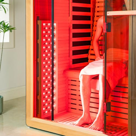 Woodbridge Infrared Home Sauna Room 2 Person Hemlock Wooden Indoor Sauna,7 Carbon 2230W/120V Heaters,with Led Color Therapy Light,Bluetooth Speaker,Tempered Glass,Touch-Tone Keypad and A Top Vent WOODBRIDGE